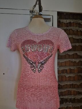 Cowgirl Hardware Pink Burn Out Short Sleeve Tee Shirt Rhinestones Size L Large